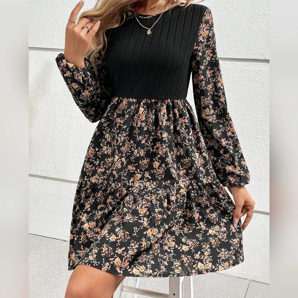 Floral Print Lantern Sleeve Ruffle Hem Dress - Picture 4 of 5